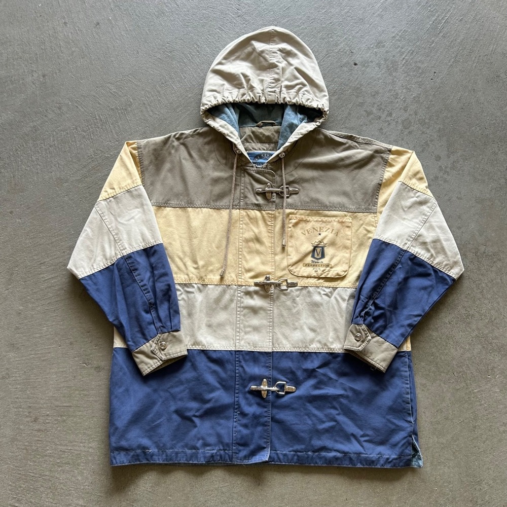 Vintage 90s Venezia Jacket Size XL Blue Colorblock Fireman Clasp Sailing Hooded